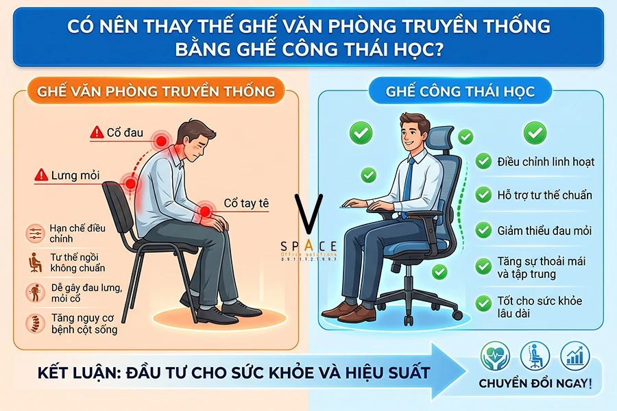 Có nên thay thế ghế văn phòng truyền thống bằng ghế công thái học?