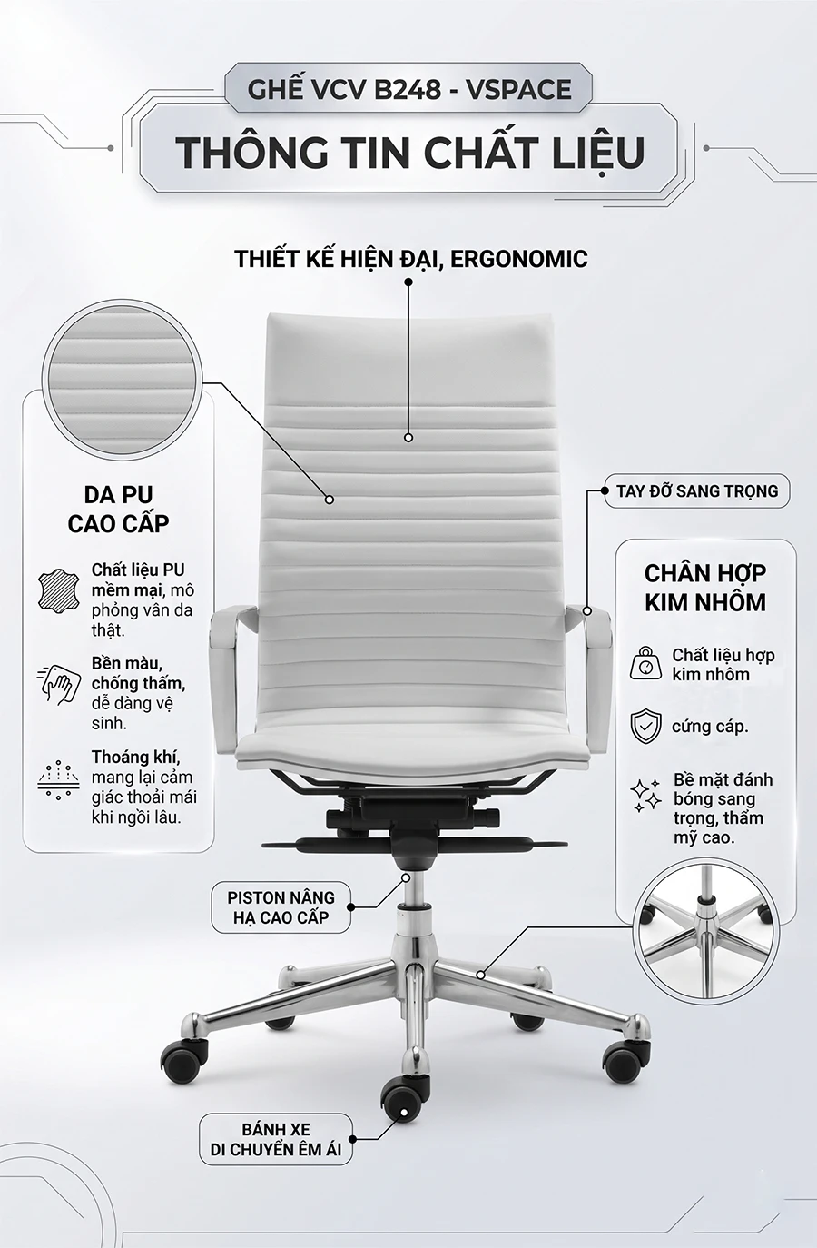 Ghế xoay da văn phòng màu trắng VCM - B248