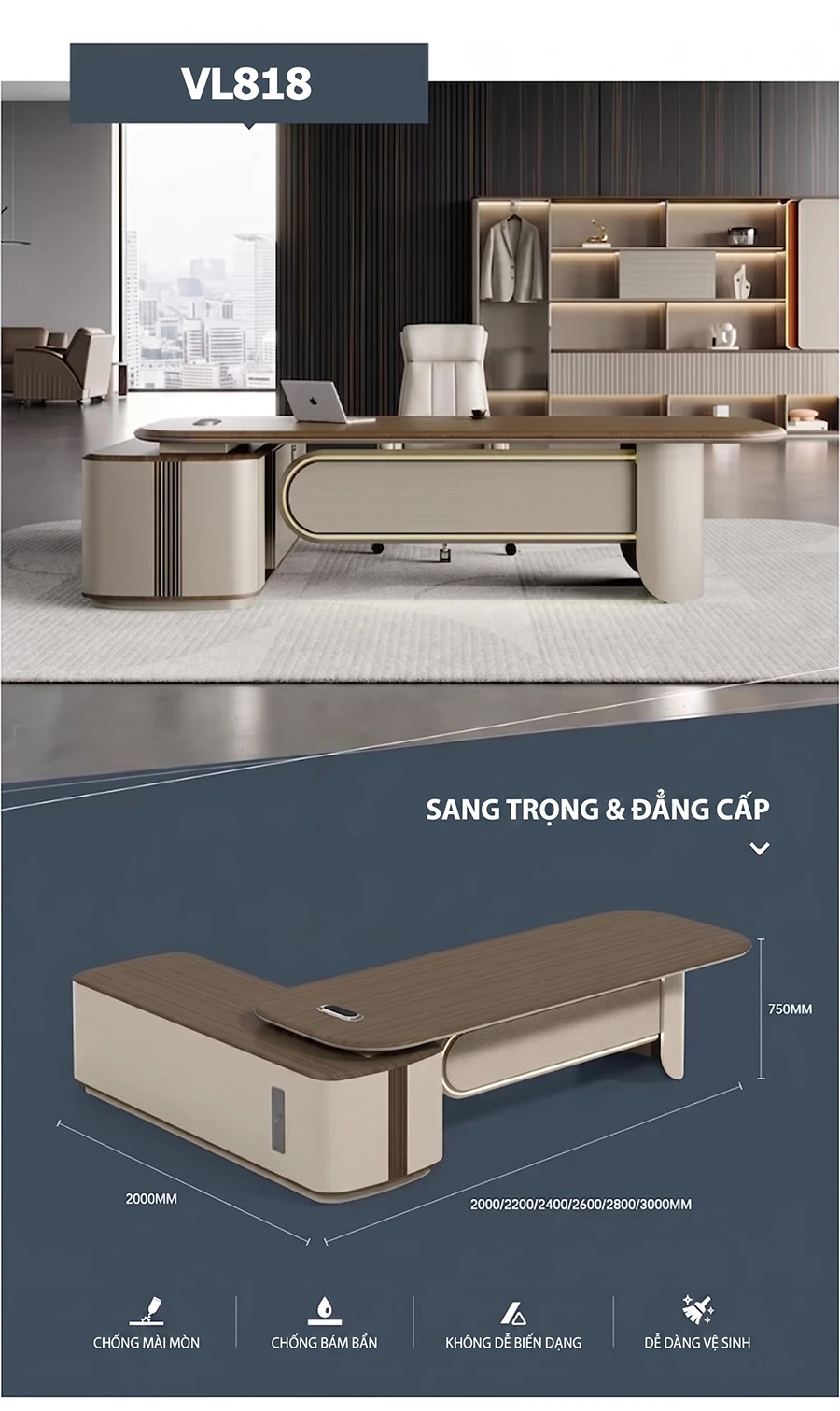 Bàn làm việc lãnh đạo chữ L cao cấp Top Pus VL818 Bàn làm việc lãnh đạo chữ L cao cấp Top Pus VL818